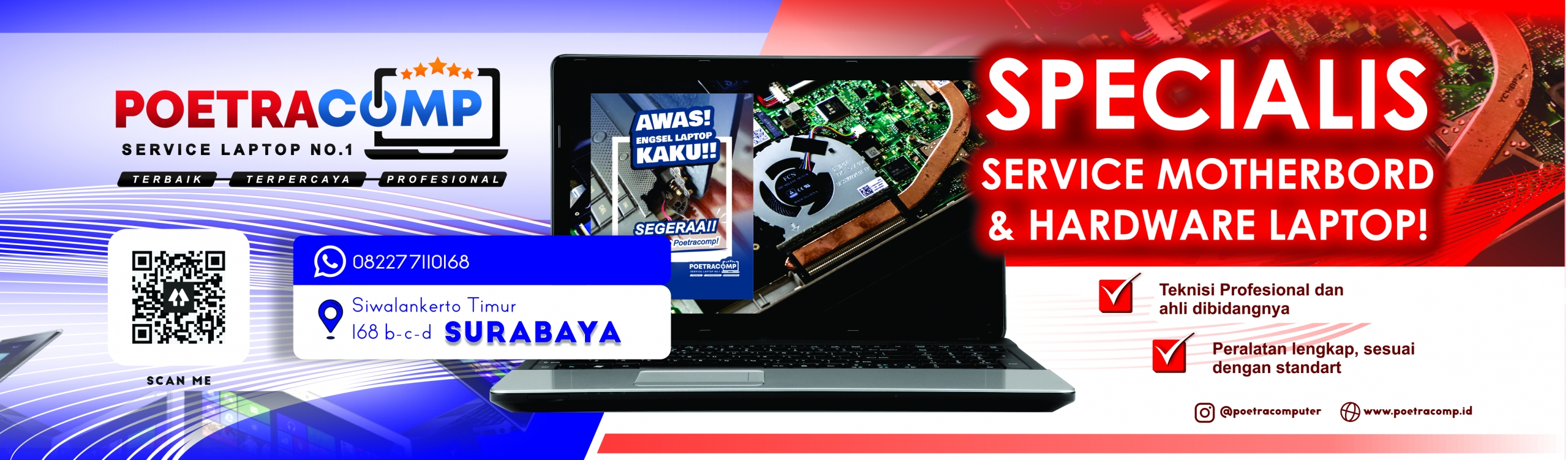 Selamat datang di Poetra Computer - Jasa Service Laptop Terbaik No.1 di Surabaya. Kami adalah pilihan utama Anda untuk layanan perbaikan laptop yang profesional, handal, dan terpercaya. Dengan pengalaman bertahun-tahun dalam industri ini, tim kami yang terampil dan berpengetahuan luas siap untuk mengatasi segala masalah laptop Anda.